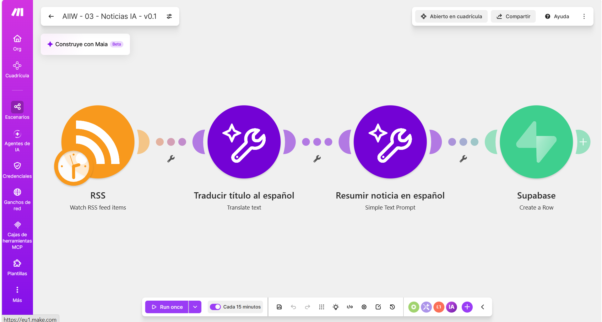 Escenario AIIW - 03 - Noticias IA - v0.1 en Make con módulos RSS, traducción, resumen y Supabase