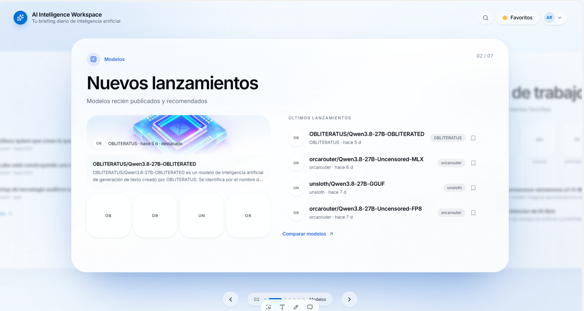 Vista de modelos del AI Intelligence Workspace con los últimos lanzamientos publicados