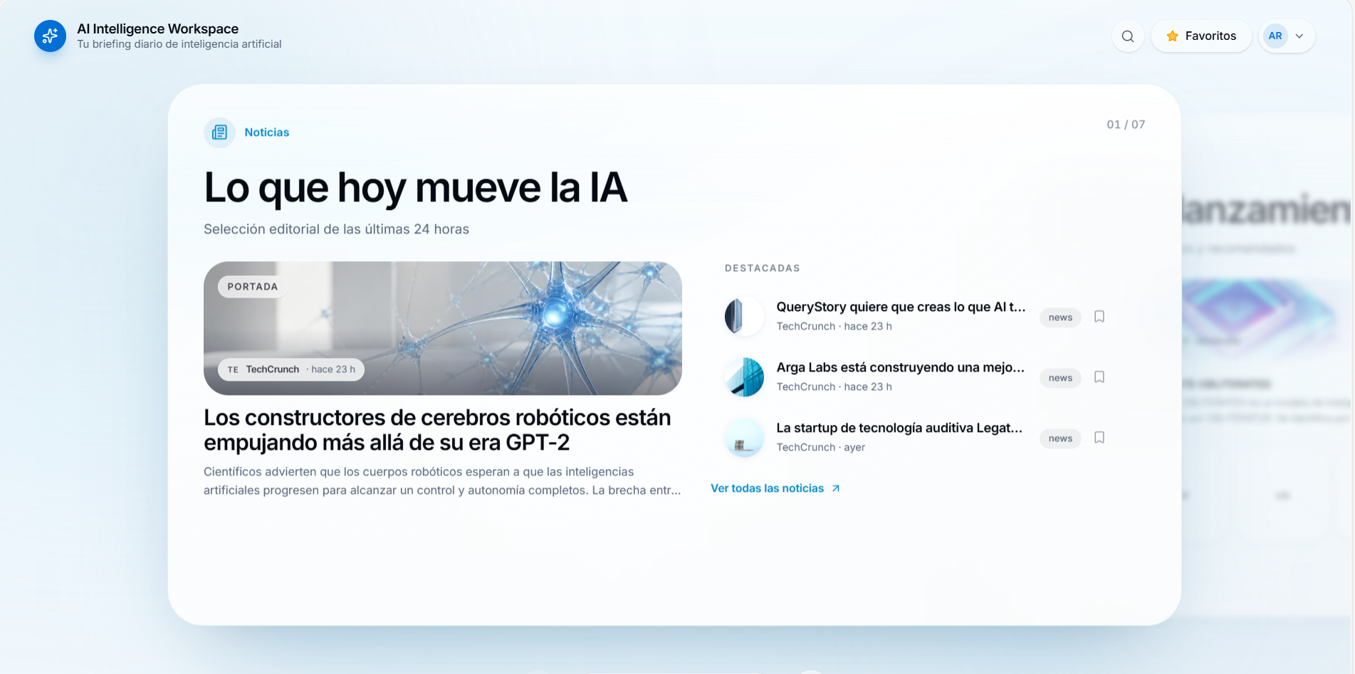 Vista de noticias del AI Intelligence Workspace con la portada del día y titulares destacados