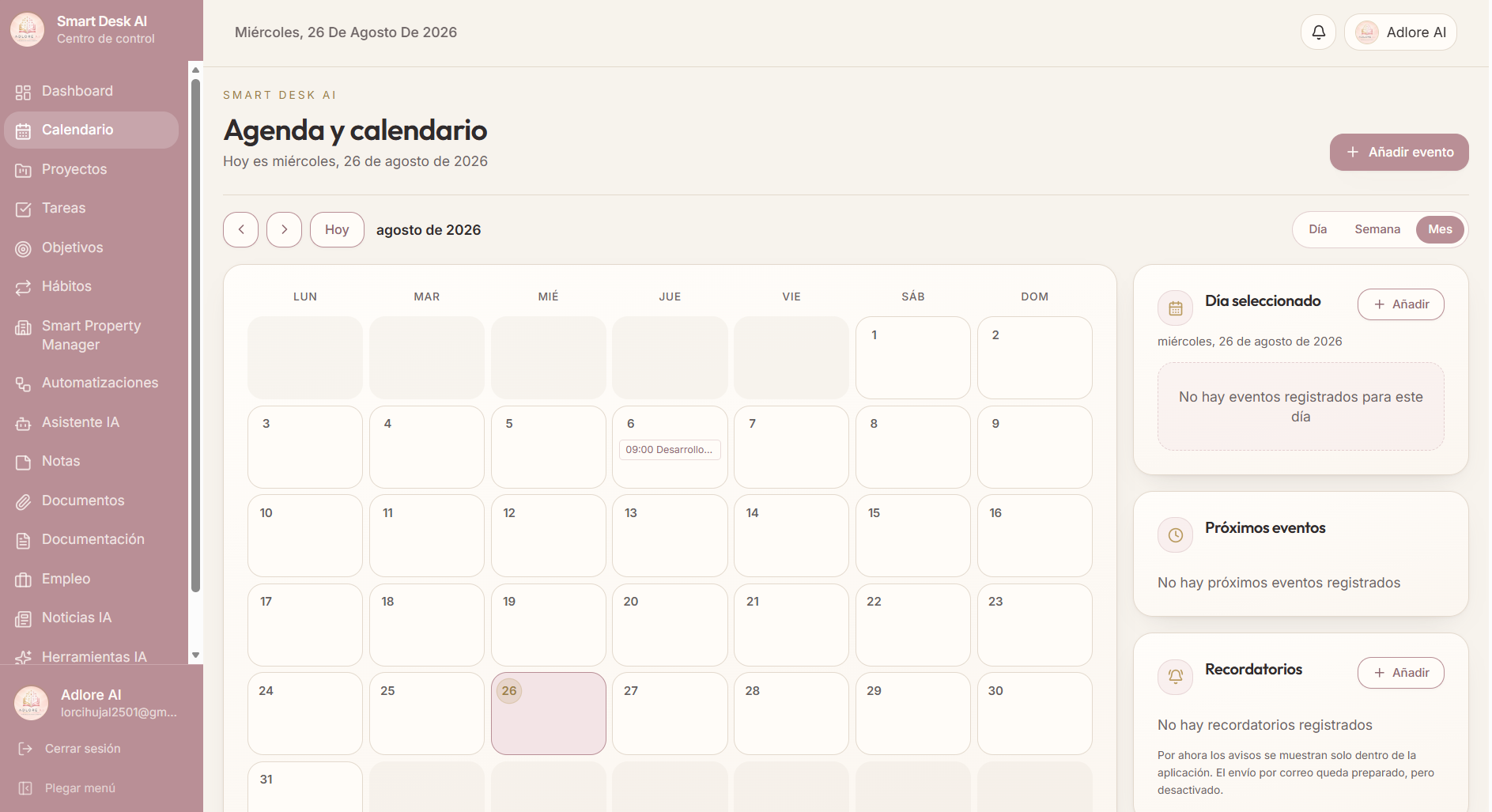 Módulo de agenda y calendario de Smart Desk AI con vista mensual, día seleccionado y recordatorios